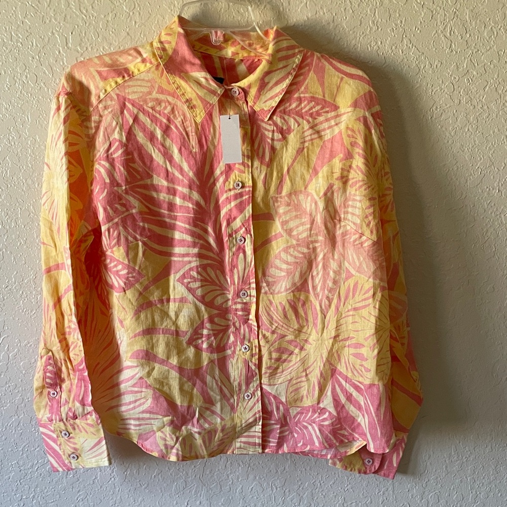 Talbots linen shorts shirt watercolor botanical long sleeve curved hem imported